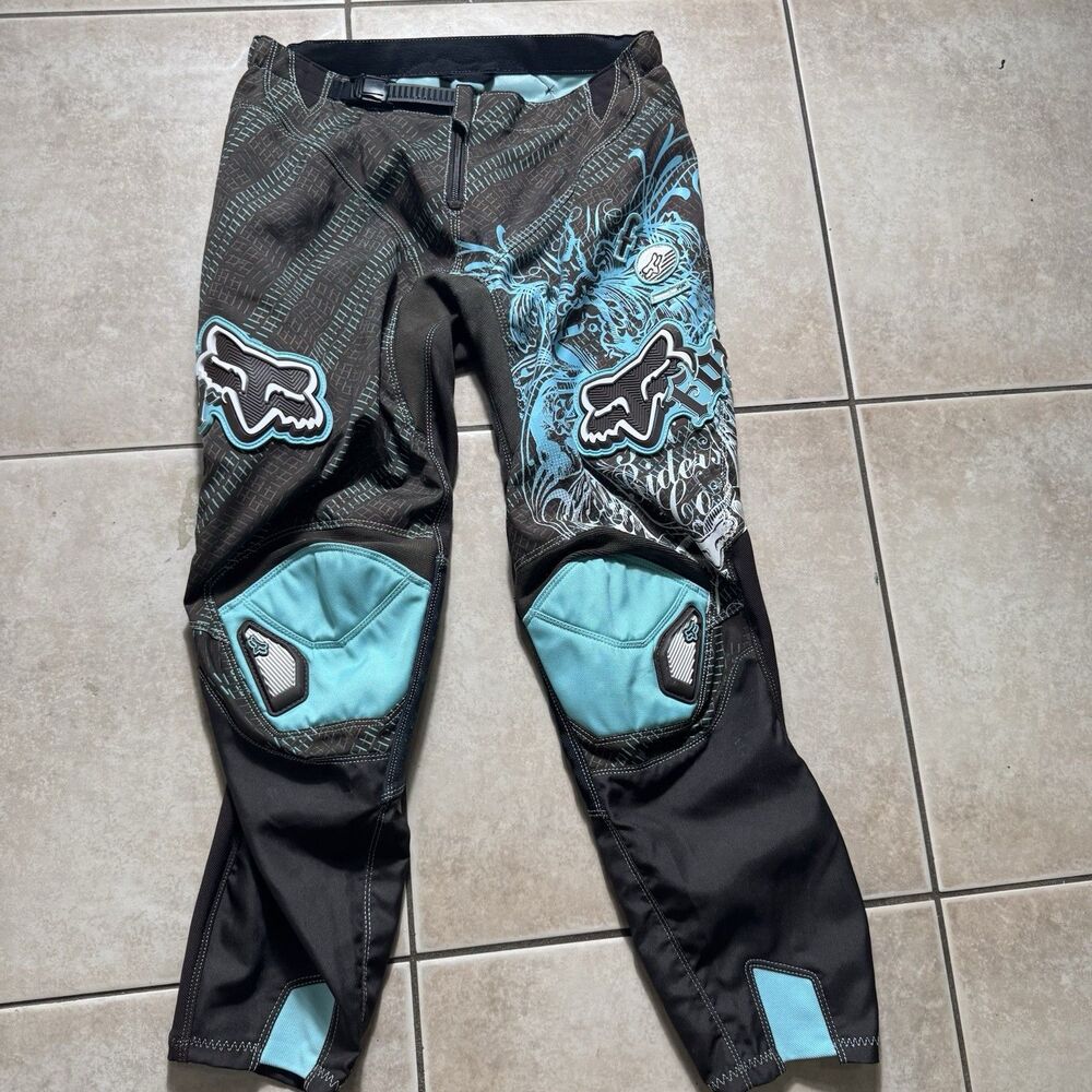 Fox Racing Pant Boy 12/14 Black Teal Y2k Motorcross Driving Biker Sport Car Logo